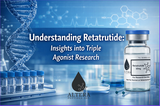 Laboratory research scene featuring a retatrutide peptide vial labeled for research use only, representing triple-agonist metabolic research by Altera Peptides.